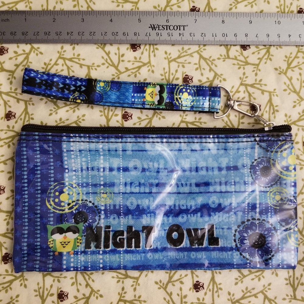 Blue Night Owl Wristlet Clutch Pouch Removable Wrist Strap Water Resistant - Picture 2 of 3